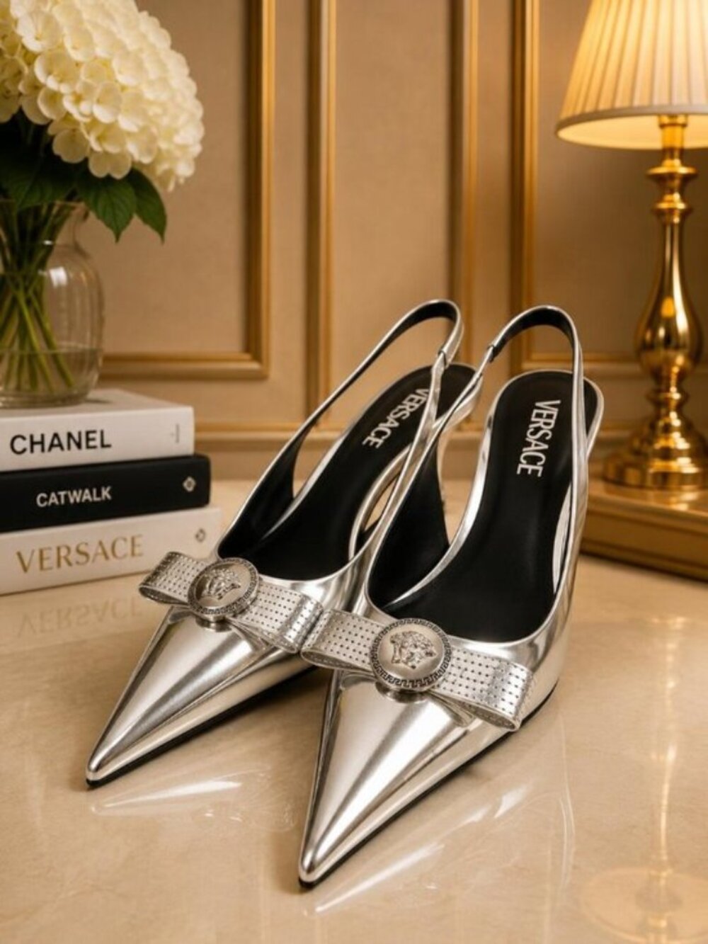 Authentic Versace Medusa Metallic Silver Slingback Pointed Toe Pumps